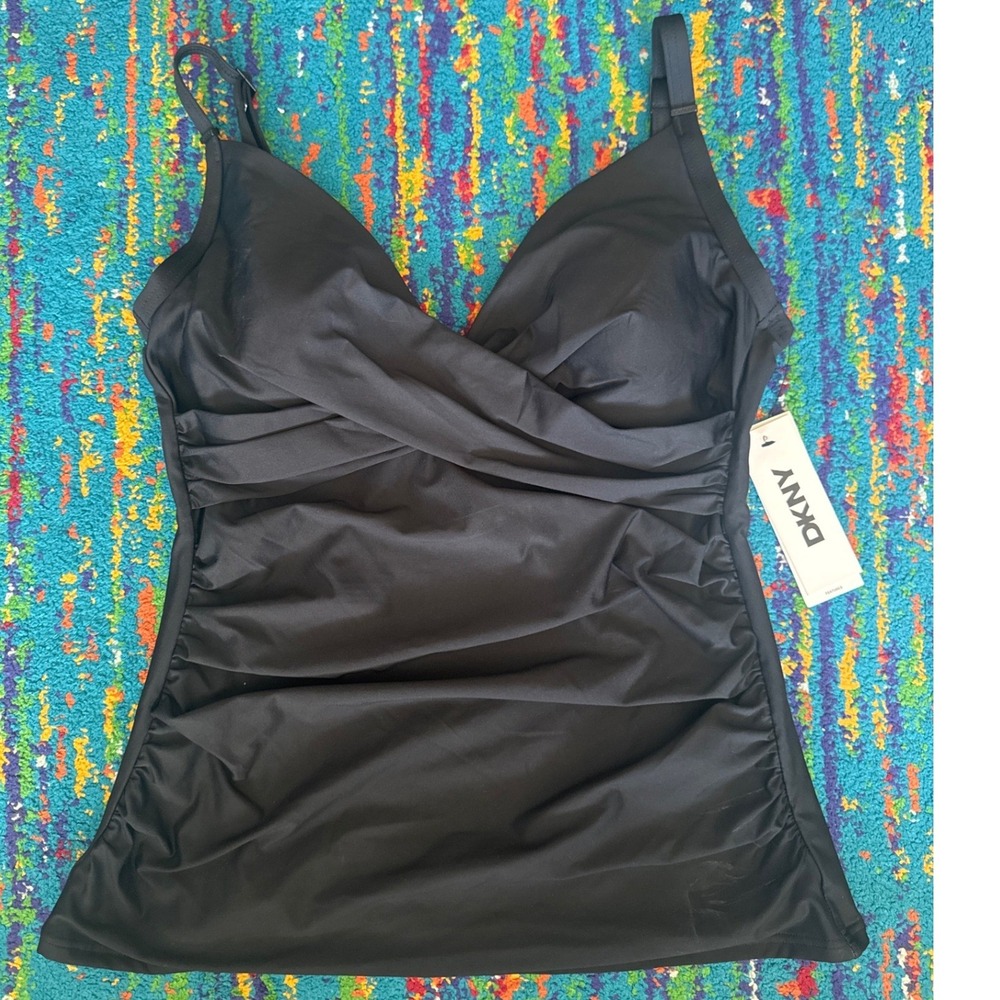 NWT DKNY Tankini Top Black Wrap Front Ruched Swimsuit Women Medium